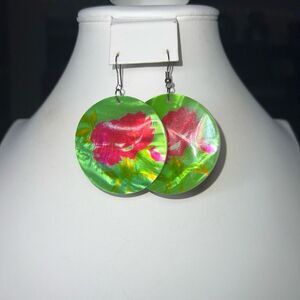 Vintage Hand Painted Large Shell Disc Earrings
